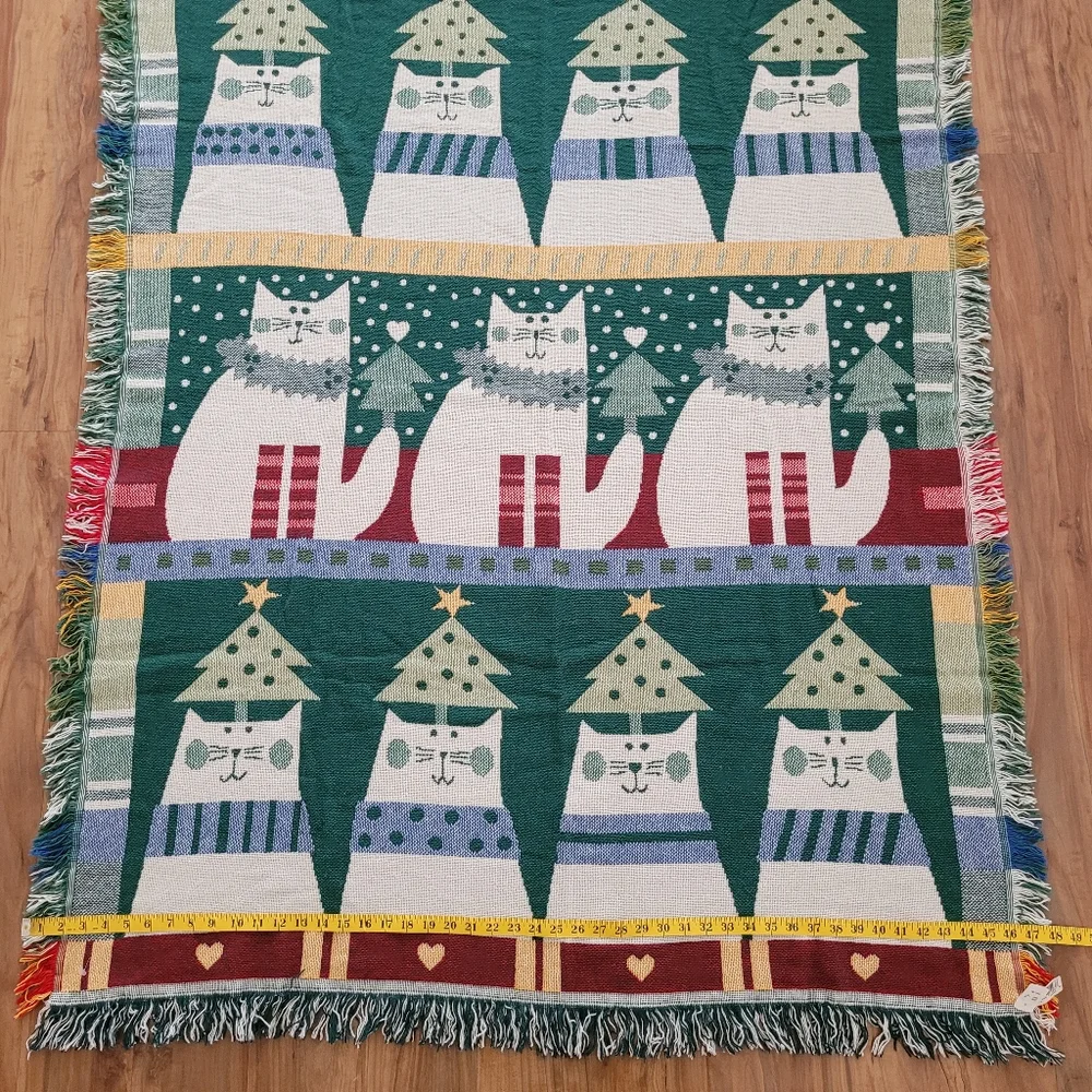 Crown Crafts Throw Blanket Noel Cats Pat Meyers Vintage Christmas Holiday NEW